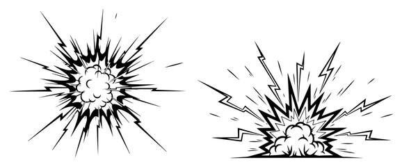 Comic Book Explosion Burst with Lightning and Sparks, Dynamic Action Boom Effect Vector Illustration Set © Luka