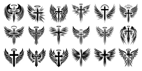 Fototapeta premium Collection of Christian Crosses with Angel Wings, Religious Sacred Symbols and Memorial Tattoo Design Set