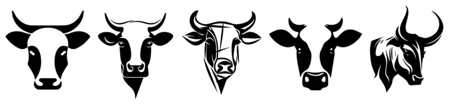 Collection of Cow and Bull Head Silhouettes, Set of Cattle Livestock Mascot Logo Icons for Ranch or Farm Design