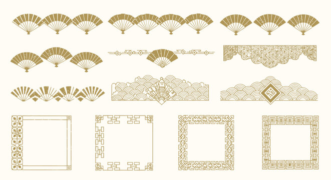 traditional asian elements with japanese fans chinese patterns ornamental borders and frames for cultural graphic design.