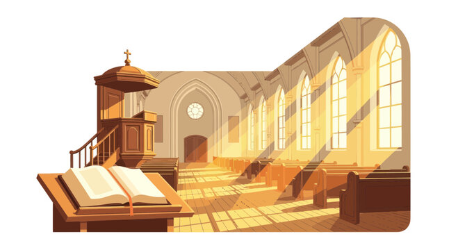 Sunlit Church Interior with Pulpit and Pews
