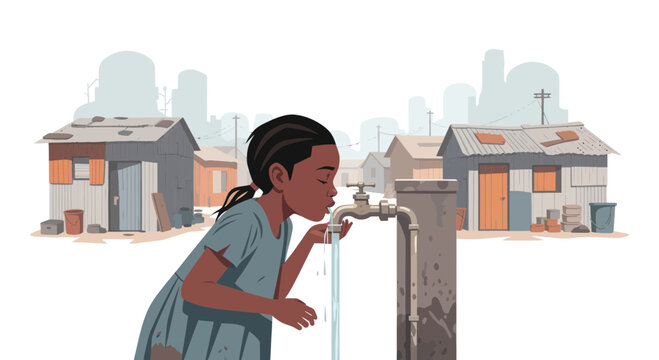 African girl drinking fresh water from tap in a slum, hope and poverty concept