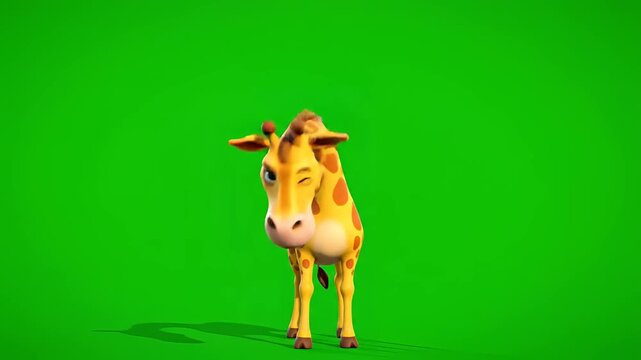 Cute cartoon giraffe character standing and bending down on green screen background.