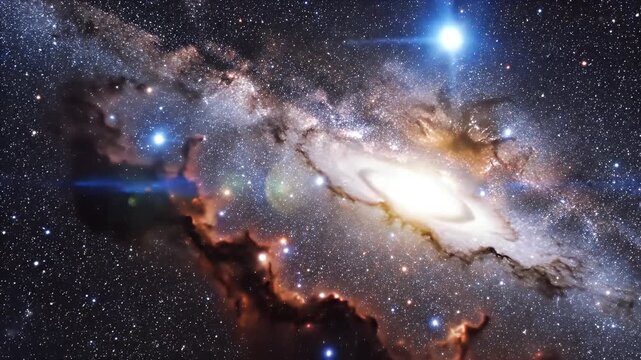 A breathtaking view of a swirling galaxy enveloped in vibrant purple and pink nebulous clouds against a backdrop of countless stars.