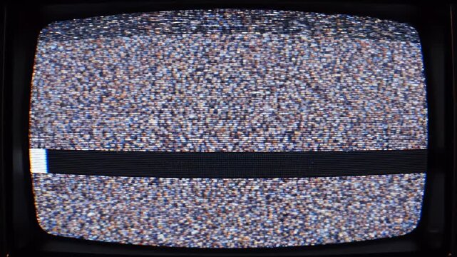 A close-up shot depicts a vintage television screen displaying static and distorted lines, evoking a sense of retro technology and visual noise.