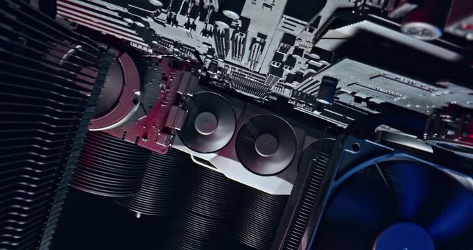 Working motherboards with heatsink and fans and graphics card.