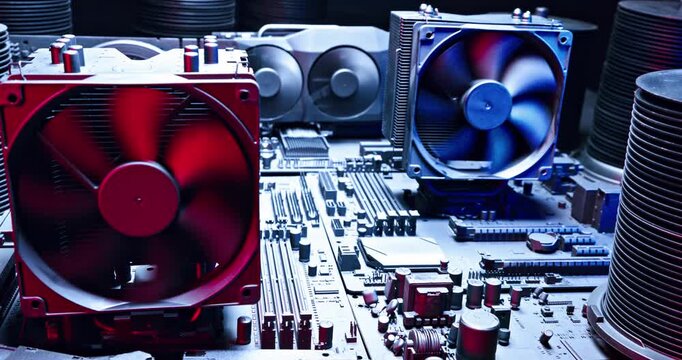 Working graphics card on motherboards with fans on heatsink.