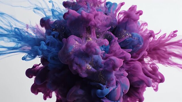 A vibrant and dynamic image showcases swirling blue and purple ink dispersing in water, creating an abstract and artistic visual effect.