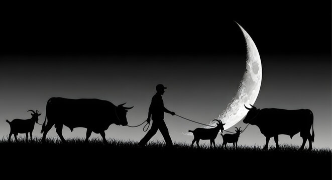 Silhouette of a person herding cows and goats under a crescent moon