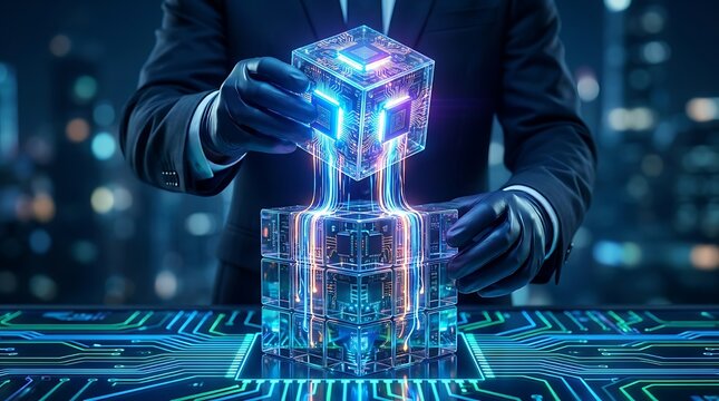 Businessperson assembling a futuristic glowing cube of digital data and circuits, representing technology, innovation, and artificial intelligence.