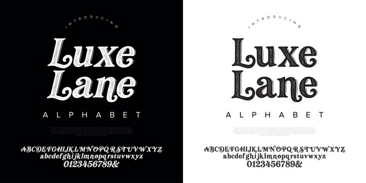 Luxe lane vintage serif font alphabet with halftone stipple texture effect vector design