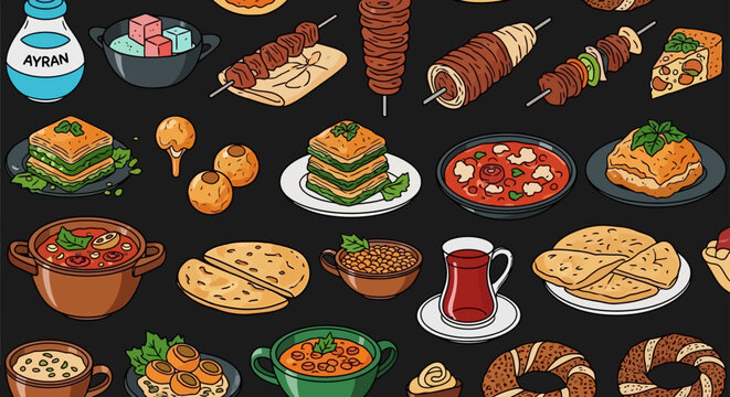 a delicious seamless pattern of traditional turkish and middle eastern food and drink ideal for showcasing cultural cuisine and heritage.