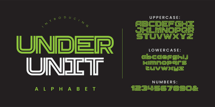 Under Unit multiline geometric alphabet font for futuristic tech and sport emblem design