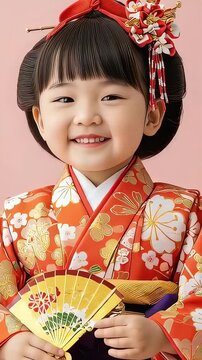 七五三の晴れ着を着て金色の扇子を持ち、笑顔でカメラを見つめる幼い女の子のバストアップ映像