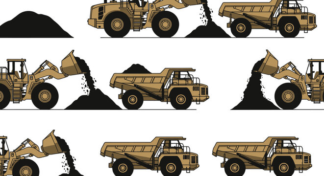 heavy machinery at a mining site showing a wheel loader loading material into a large dump truck for transport