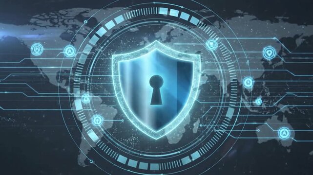 Cyber security shield animation with glowing digital protection interface, advanced data encryption technology, secure internet defense system background