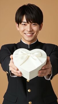 学ラン姿の男子学生が、ハート型の白いギフトボックスを笑顔で両手で差し出す正面バストアップ映像