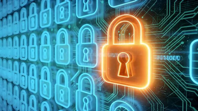 Cybersecurity lock animation with glowing digital padlocks and encrypted network, secure data protection and online privacy concept, modern cyber defense technology video