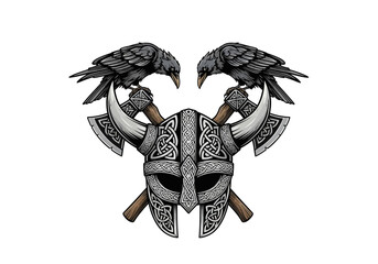 Fototapeta premium Viking helmet with crossed axes and ravens illustration.