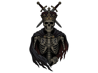 Fototapeta premium King Skeleton wearing crown with crossed swords behind isolated on white.
