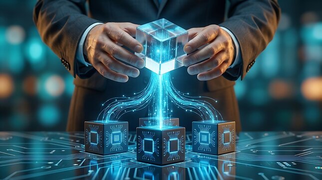 Businessman manipulates a glowing cube connected by glowing data streams to a circuit board with integrated microchips, symbolizing digital transformation and innovation