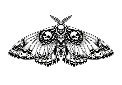 Intricate death moth illustration with skull patterns in black and white.