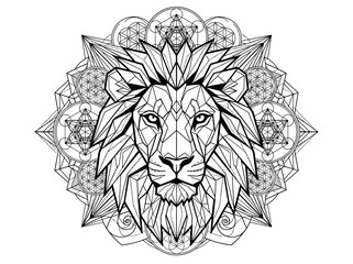 Obraz premium Geometric lion head portrait with intricate sacred geometry patterns for coloring book.