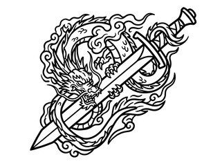 Naklejka premium Black and white line art illustration of a Chinese dragon coiled around a sharp sword.