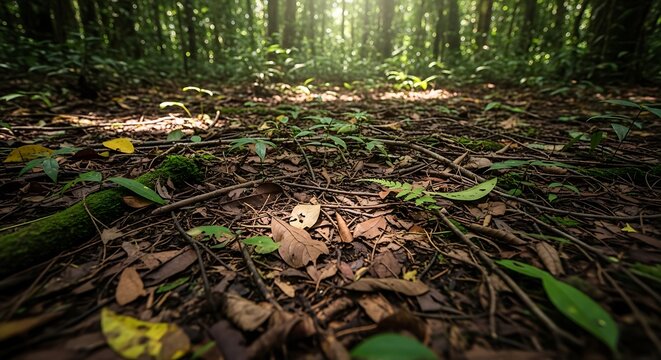 Colorful autumn leaves on the ground in a dark misty forest with soft sunlight shining through trees. serapilheira