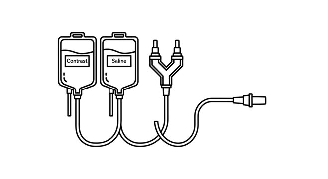 Medical IV drip bag with contrast and saline solution, connected to tubing