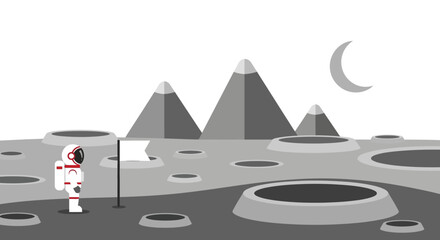Astronaut on moon surface with flag, mountains and crescent moon © Ahmed