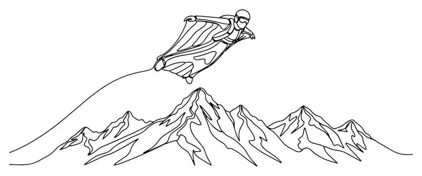 Wingsuit Flying Over Mountain Peaks One Line Drawing, Extreme Sports Adventure and Base Jumping Vector