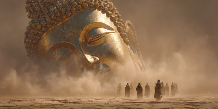 The Fallen Colossus of Silence: Pilgrims Before the Eternal Face, ai generated.