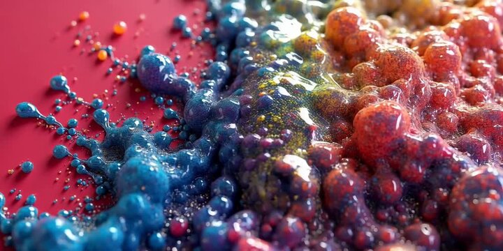 Abstract macro fluid collision with blue and orange bubbly thick paint textures
