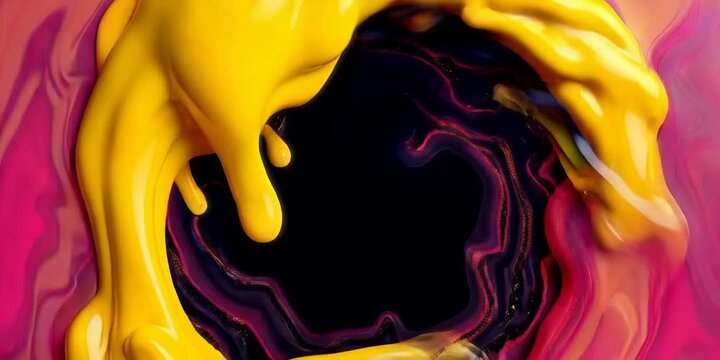 Abstract 3D rendering of thick yellow fluid morphing over purple liquid marble hole