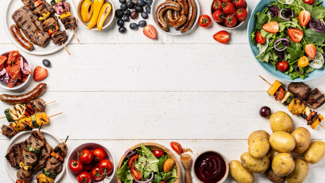  top-down flat lay of a summer BBQ and picnic food frame. Variety of grilled meats like sausages and skewers, grilled vegetables, fresh fruits, salad