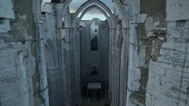 Cinematic Aerial View of Ancient Gothic Church in Lisbon Portugal at Golden Hour
