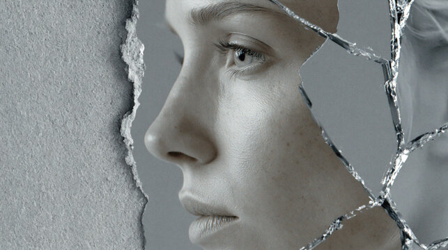 Fragmented Woman Profile Through Cracked Mirror Evoking Loss and Forgotten Identity
