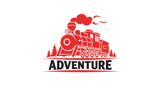Vintage Steam Train Adventure Logo with Trees and Smoke