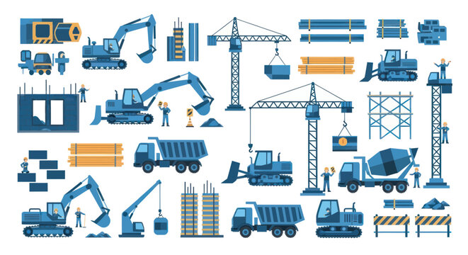 Construction Site Equipment and Machinery Set - Blue Color Scheme