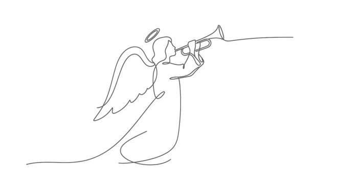 Continuous line drawing of an angel playing a trumpet with a halo and wings.