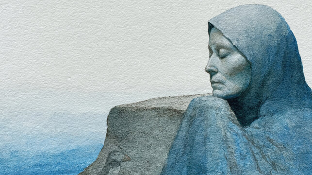 Hooded Woman with Closed Eyes Resting in Blue-Grey Coastal Watercolor Atmosphere