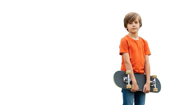 Young boy with skateboard isolated on white background copy space