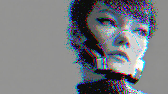 Monochromatic Woman Face Dissolving Into White Solarized Digital Noise Glitch Effect