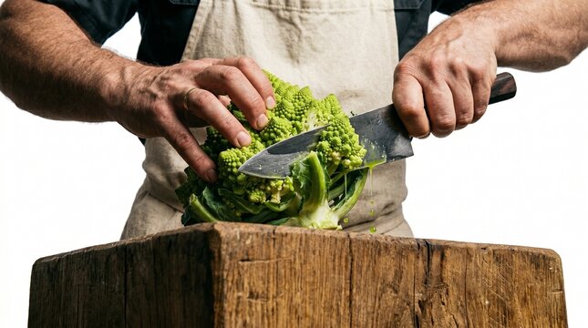 Chef cutting Romanesco broccoli on a wooden block with a knife