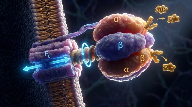 ATP synthase enzyme producing energy molecules within the mitochondrial membrane, representing cellular respiration and adenosine triphosphate synthesis