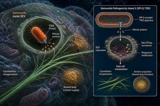 Salmonella pathogenicity island 2 (spi-2) type iii secretion system (t3ss) injecting effector proteins through the salmonella-containing vacuole (scv) membrane into host cell cytosol