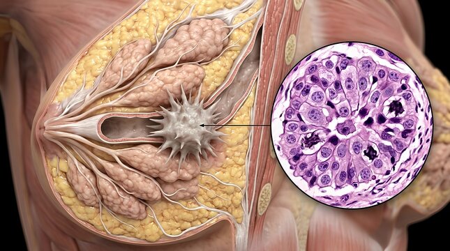 Medical illustration combining a gross specimen of a breast tumor with a high-magnification inset of dividing cancer cells, perfect for cancer education and mammography awareness