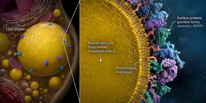 Scientific 3d illustration of a lipid droplet with labeled internal triglyceride core, single-layer membrane, and peripheral proteins, perfect for cell biology and metabolism education