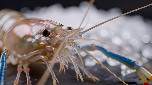 Closeup Macro Shot of a Vibrant Freshwater Shrimp with Blue Claws.